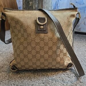 Gucci Tan and Gray Metallic Leather Trim Monogram Crossbody Bag
